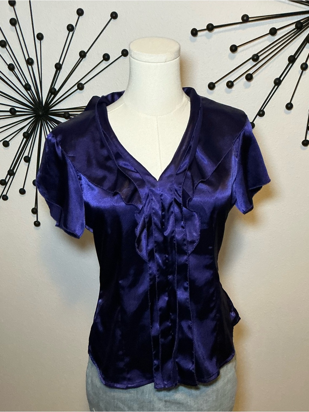 Basement Purple Satin Ruffle Blouse Y2K Career Top Size Small